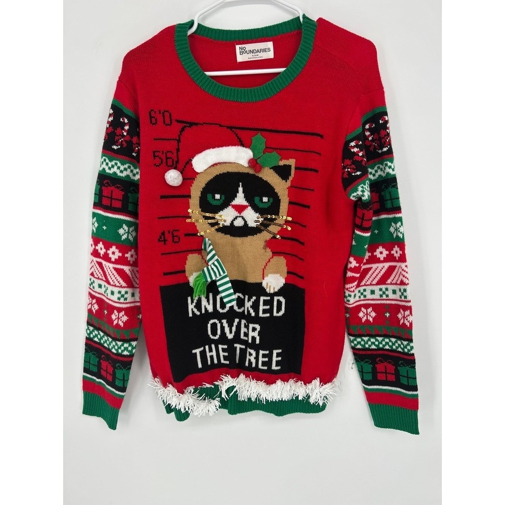 No Boundaries Cat Knocked Over The Tree Ugly Christmas Holiday Sweater XL 16-18